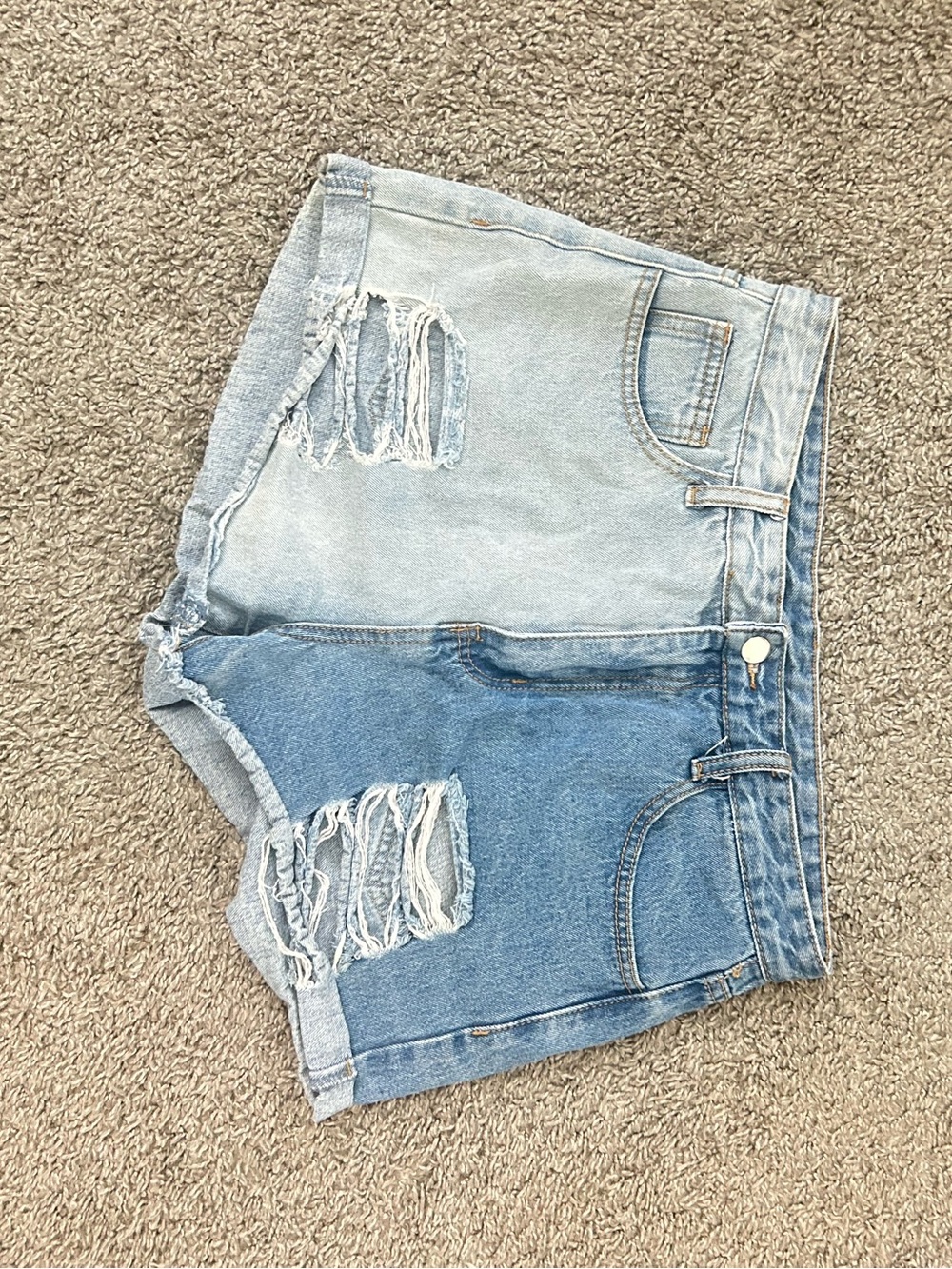 SHEIN Two-Tone Distressed Denim Shorts in Light & Medium Blue